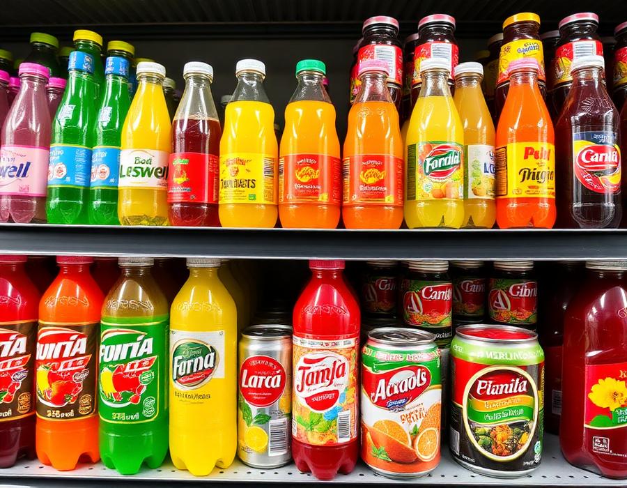 Shelf of colorful international sodas, juices and canned goods